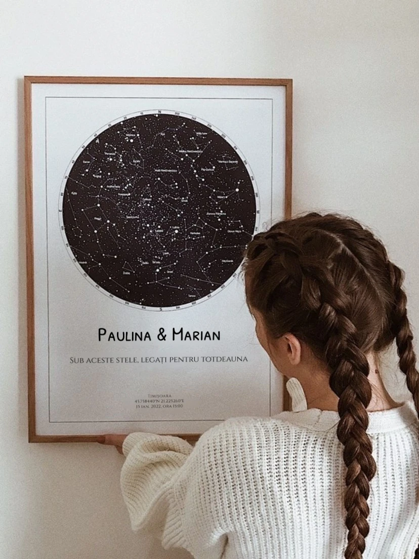 Un tablou personalizat cu harta stelelor și numele Paulina & Marian.